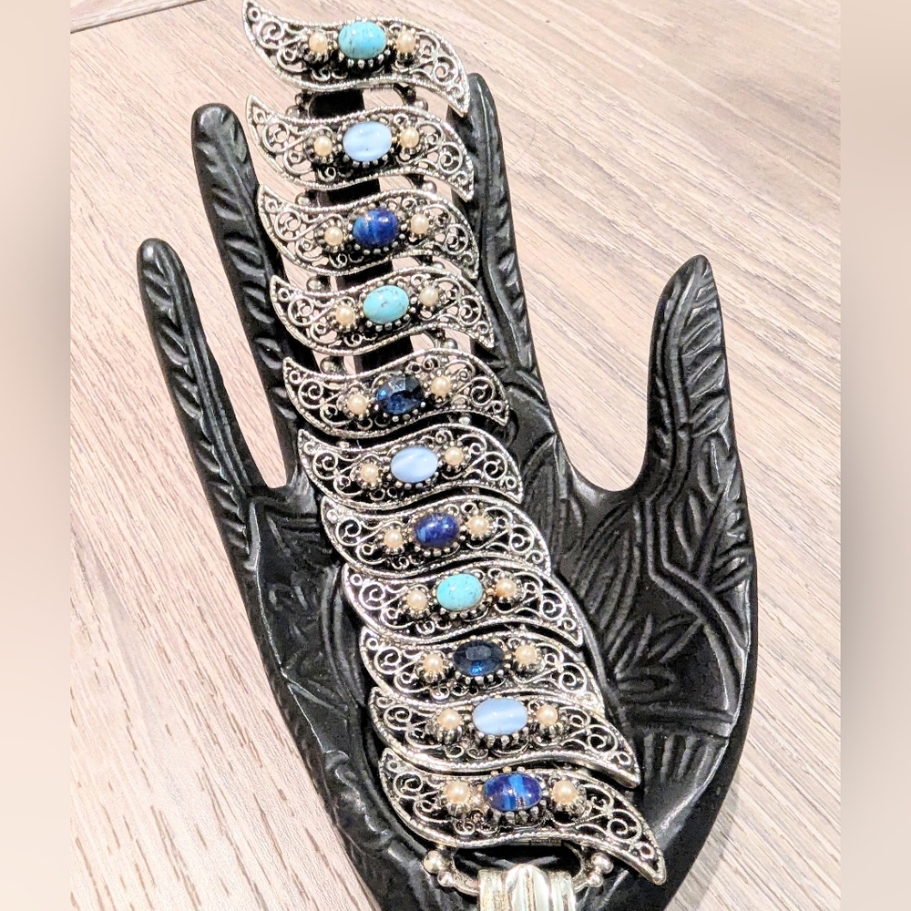 Vintage Chunky Blue Cabachon Silver Tone Filigree Panel Bracelet